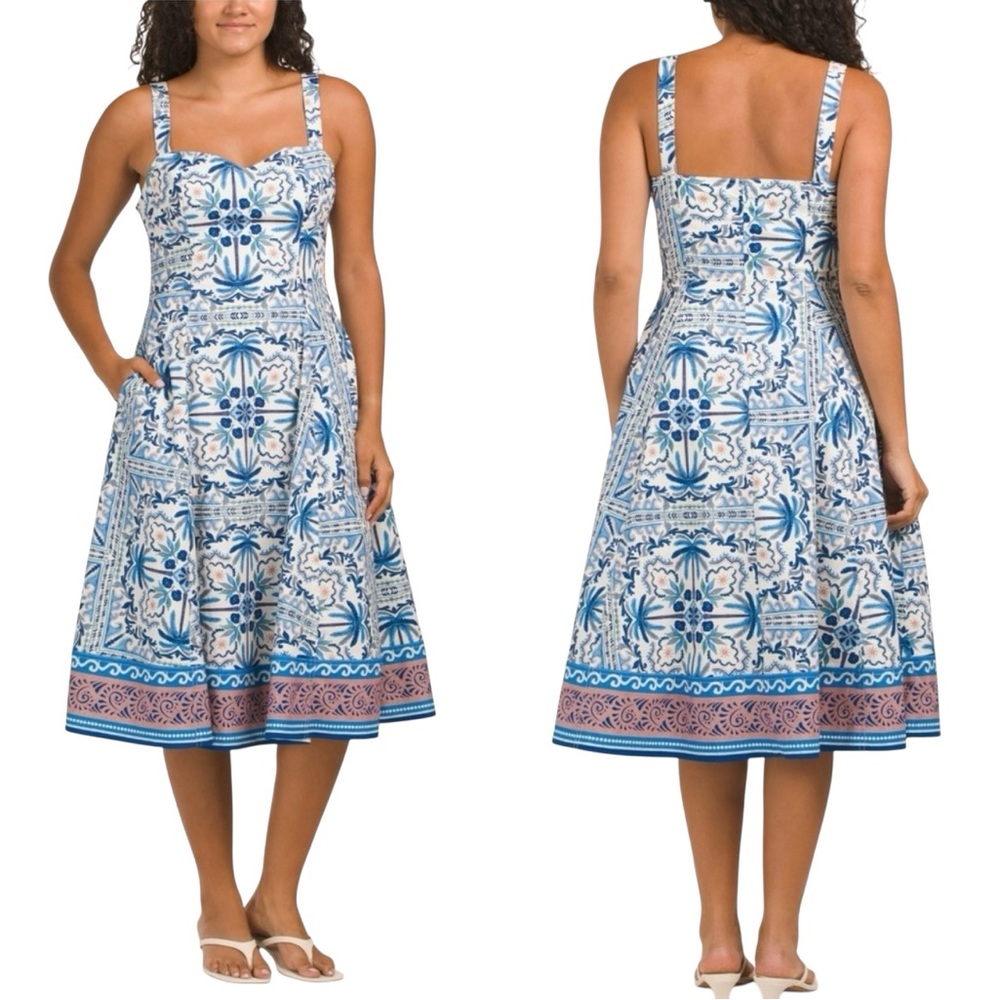 Avec Les Filles Blue and White Palm Tile Vacation Summet Midi Dress 12